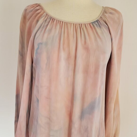 Theory silk blouse ruched poet shirt painted ballet pink blue purple peach Med - Picture 2 of 9